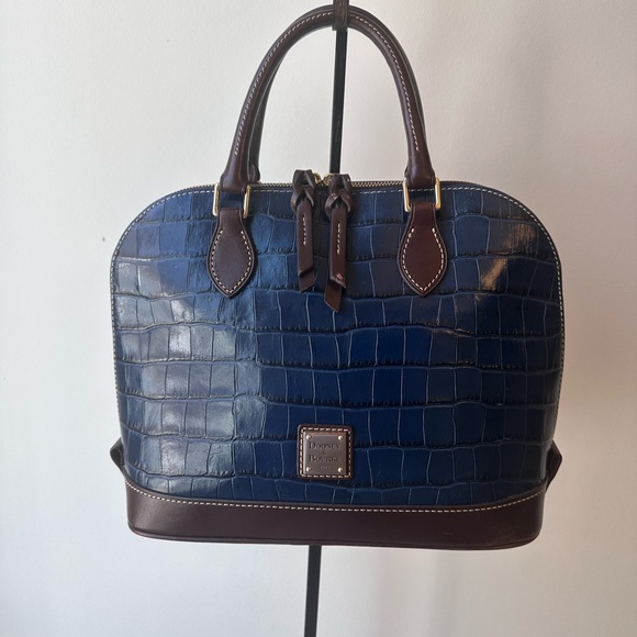 Dooney & Bourke Midnight Blue Croc “Zip-Zip”Embossed Satchel with Brown Trim - Picture 2 of 9